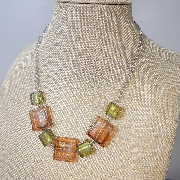 Fall Colors Art Glass Necklace Green Rusty Orange Square Rectangles - Picture 2 of 13